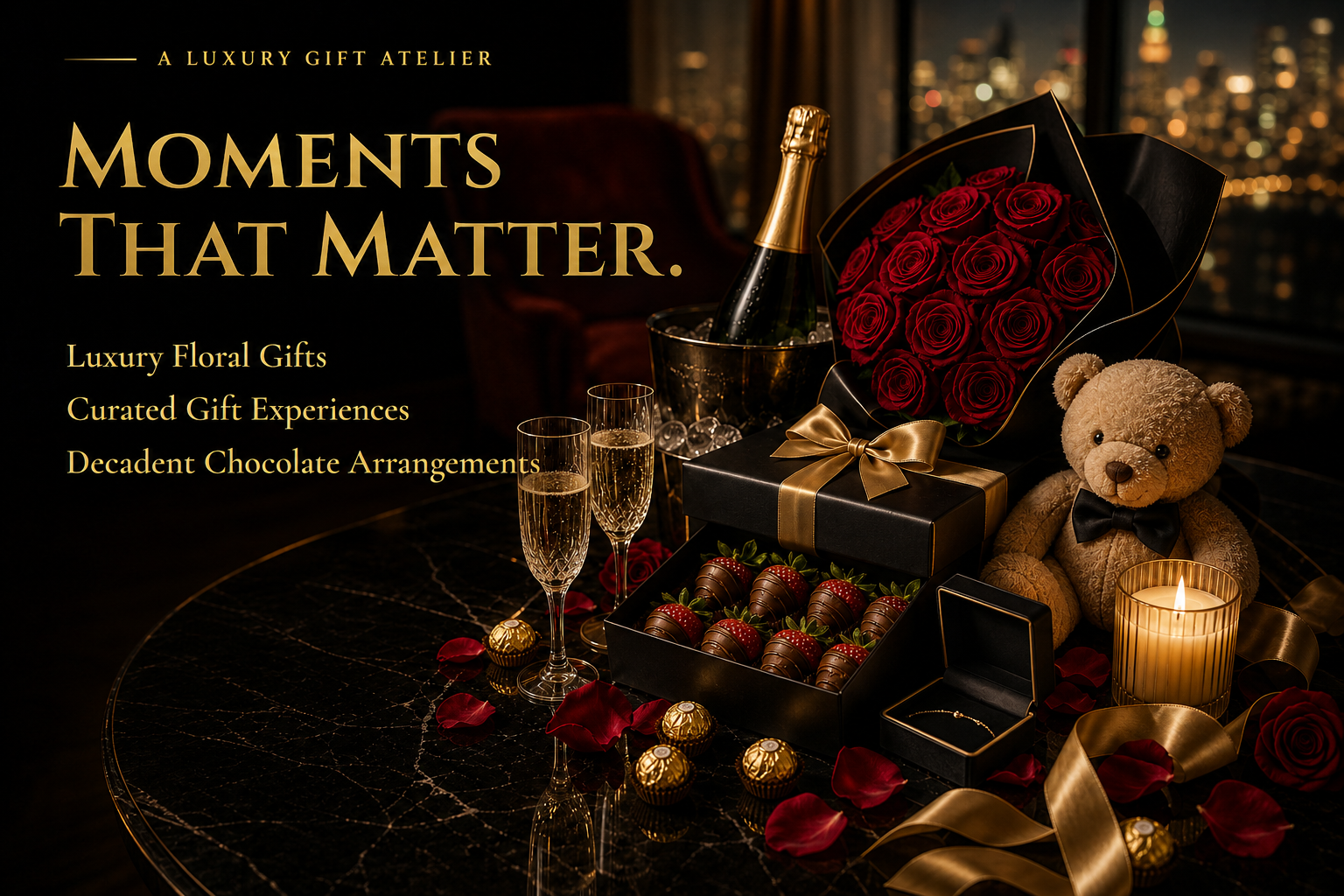 A luxury gift moment — roses, champagne, chocolate-covered strawberries, a keepsake and a plush bear
